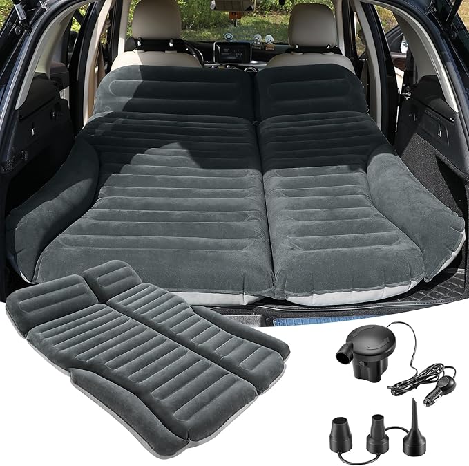 KMZ SUV Air Mattress Double Sided Thickened Flocking Car Bed – Portable Inflatable Mattress Pad for Camping &amp Travel with 2 Pillows &amp Electric Pump (Green+Light Gray)
