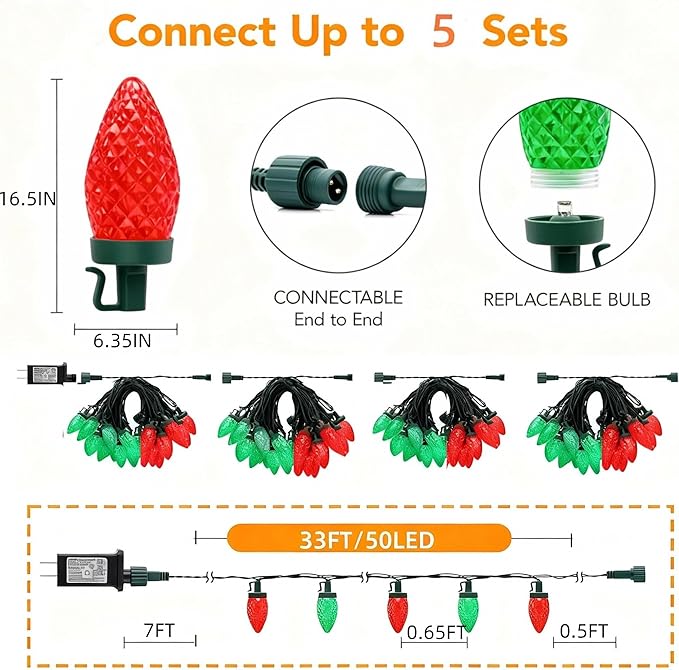 C9 LED Christmas Lights Outdoor33 Feet 50 LED 8 Lighting Modes Waterproof Connectable Christmas String Lights for Outside Roofline Patio Home Xmas Decorations (Red &amp Green)