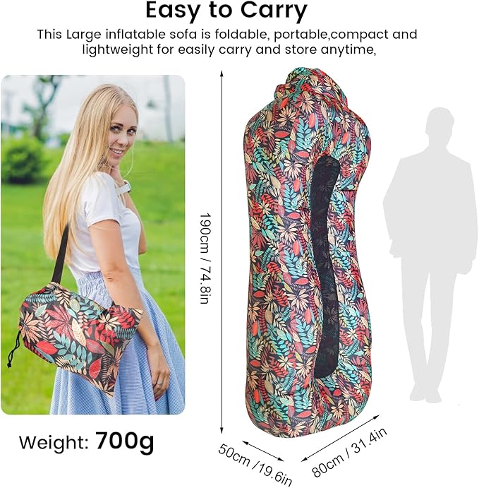 ele ELEOPTION Outdoor Inflatable Camping Couch Waterproof Portable Blow Up Air Sofa Chair Lounger for Backyard Beach Traveling Camping with Compression Sacks (Red Leaf Print)