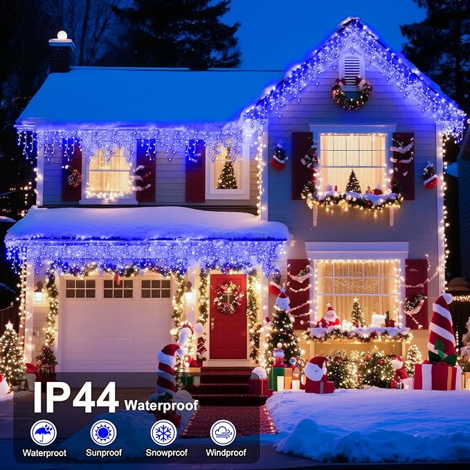 XURISEN 132ft Christmas Lights Decorations Outdoor 1280 LED 8 Modes Fairy Lights with 240 DropsPlug in Waterproof Timer Memory Function for Christmas Holiday Wedding Party Decorations(Blue)