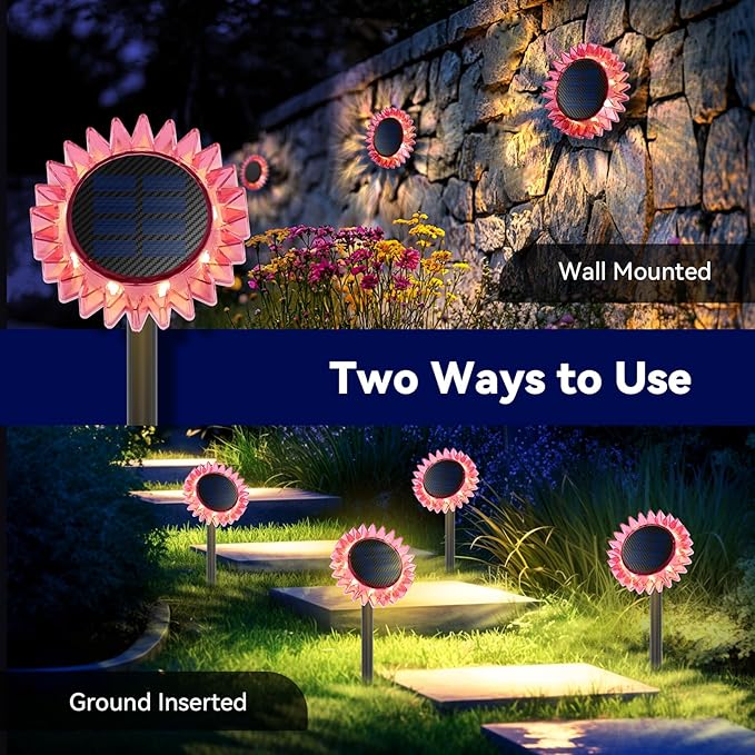 Outdoor Solar Lights 6 Pack Led Solar Sunflower Lights Stake/Wall 2-in-1 Waterproof Solar Garden Lights for Yard Landscape Fence Patio Driveway Pathway Backyard Decoration (Warm White)