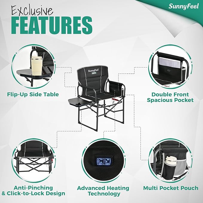 SUNNYFEEL Heated Camping Directors Chair Heavy DutyOversized Outdoor Portable Heating Folding Chair with Side Table Pocket for Beach FishingTripPicnicLawnConcert Foldable Camp Chairs