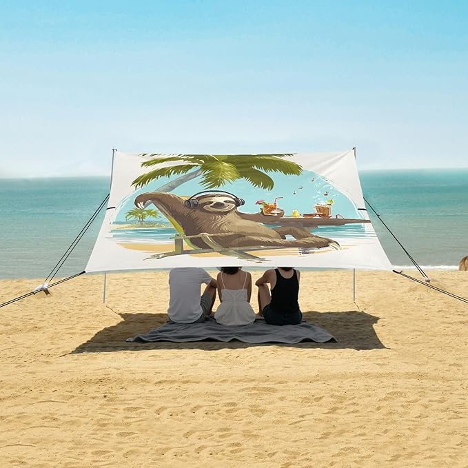 Bolaz Beach Canopy Tent Sun Shade9'×10.5' Large Family Beach Shade UPF50+- Outdoor Shade for Camping Trips FishingThe Sloth is Listening to Music