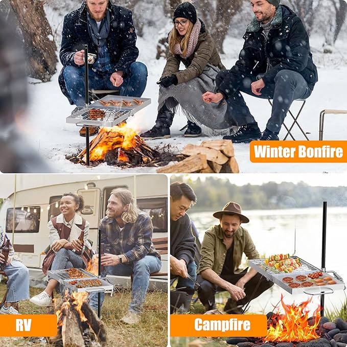 Skyflame Folding Campfire Grill Grate Stainless Steel Swivel Camping Grill Grate and Griddle with Carrying Bag Portable Outdoor Cooking Equipment for Open Flame Fire Pit Backpacking Camping