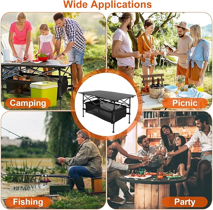 Folding Camping Table Portable Aluminum Roll-up Lightweight Picnic Table with Large Storage Basket and Carrying Bag for Camping Picnic BBQ Beach Party Backyard