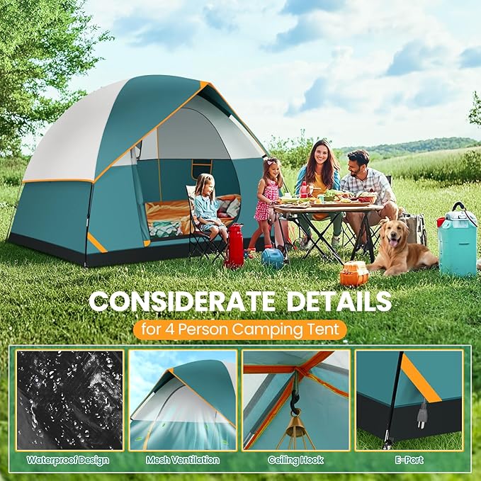 COBIZI Camping Tent 4 Person Easy Setup Waterproof Windproof Backpacking Tent with Removable Rainfly Lightweight Portable Outdoor Family Tents for Camping Travel Fishing Hiking Scouts (Green)