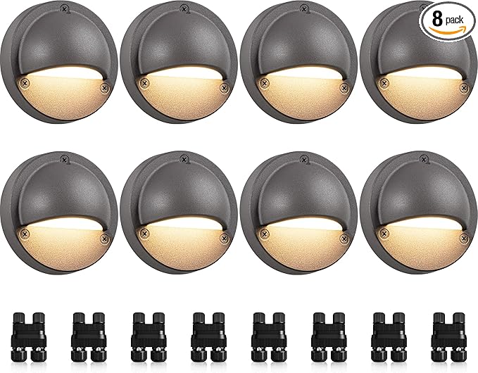 SUNVIE Low Voltage Deck Lights with Fastlock2 Wire Connector 5W LED Landscape Step Stair Lights Outdoor Accent Lighting Garden Post Fence Light 3000K 12-24V AC/DC 3.2FT ETL Listed Cord 8 Pack