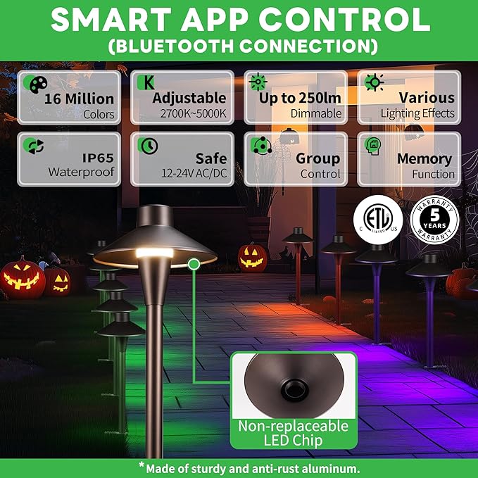 Smart Path Lights RGBCW 12V Color Changing Landscape Pathlight with App LED Low Voltage Pathway Lights Waterproof IP65 Wired ORB Aluminum Decorative for Outside House Halloween (12 Pack)