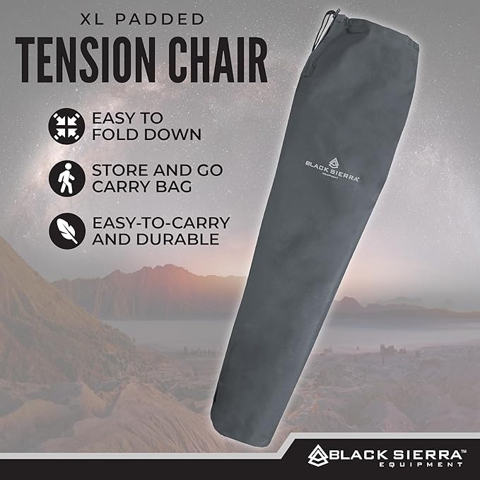 Black Sierra Camping Chair – XL Outdoor Foldable Seat Padded Tension Heavy-Duty Steel Frame Supports 300 lbs – Portable Lightweight for Camping Sports Patio Events