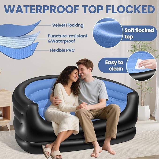 LanSuper Twin Size Inflatable Couch Blow up couch with PumpFlocked Surface Inflatable Chair for Adults Portable Air Sofa Inflatable Couch Waterproof Air CouchComfortable Blow up Couch for Camping