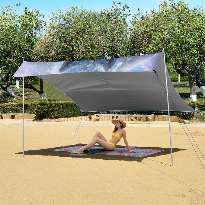 ALAZA Snow Wolf Beach Tent Sun Shelter UPF50+ Protection Beach Shade Canopy w/ 4 Sandbags for Outdoor Camping Fishing Backyard Fun Picnic 10x9 ft