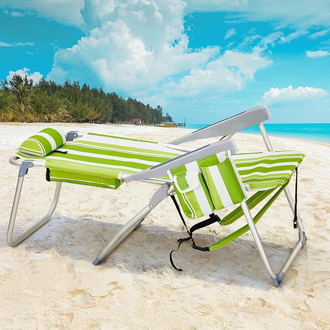 2 Pack Tall Beach Chairs for Adults 5-Position Reclining Backpack Beach Chair with Cooler Pouch Portable Lightweight Folding Aluminum Beach Chair with Cup Holder Supports 220lbs Green Stripes