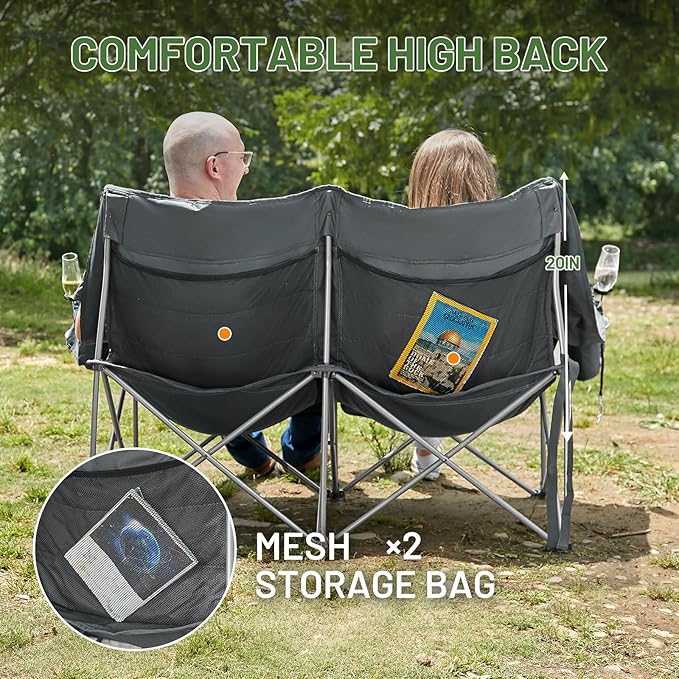 Timber Ridge Double Camping Chair Heavy Duty Outdoor Folding Camp Couch Loveseat Camping Chairs Perfect for Campsites Patio/Lawn Soccer Games or Other Youth Sports Supports 600 lbs