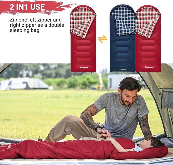 KingCamp 45°F Kids Sleeping Bag Lightweight Waterproof &amp Compact Flannel Sleeping Bags Cold Weather &amp Warm Youth Essentials Gear Accessories for Camping Fits 10-12 Children up to 4'7-5'5 T