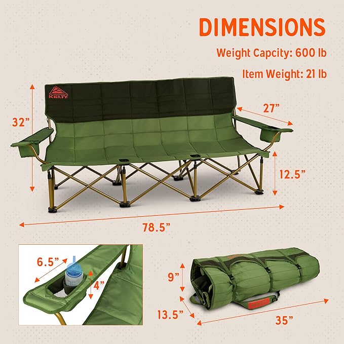 Kelty Lowdown Couch - 3 Person Capacity Camping Chair Extra Large and Sturdy Bench for Campsites Soccer Games and Backyard Parties