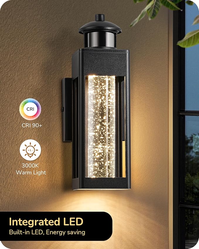 EDISHINE Motion Sensor Porch Lights Outdoor Dusk to Dawn Exterior Lighting Fixtures with Crystal Bubble Glass LED Outside Wall Sconce Lantern for Garage 1100 Lumen