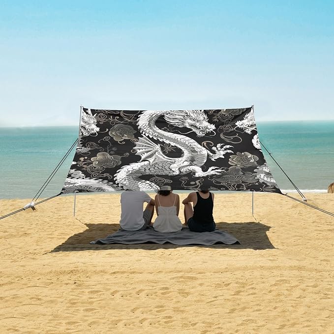 White Dragon Print Beach Tent Sun Shelter 9.2' x 10.5' Beach Canopy with 4 Sandbags 4 Stability Poles Sand Shovels - Tent Canopy for Beach Camping Fishing Picnics