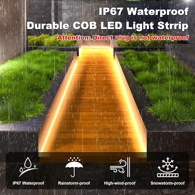 IP67 Waterproof COB LED Strip Lights AC 110V-120V Direct Plug 66FT Super Bright Outdoor Strip Lights with Double Fuse Controller 2700K Warm White LED Strips for Garden Patio Commercial Decor