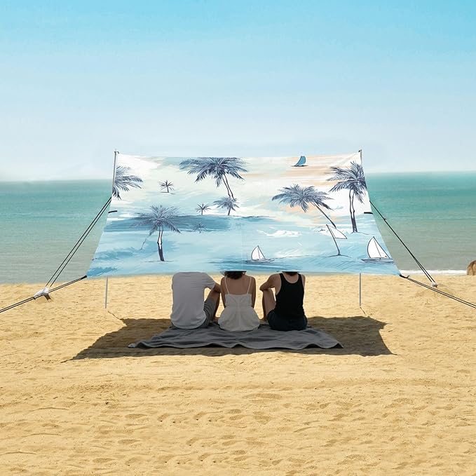 Palm Trees Blue Beach Tent Sun Shelter 9.2' x 10.5' Beach Canopy with 4 Sandbags 4 Stability Poles Sand Shovels - Tent Canopy for Beach Camping Fishing Picnics