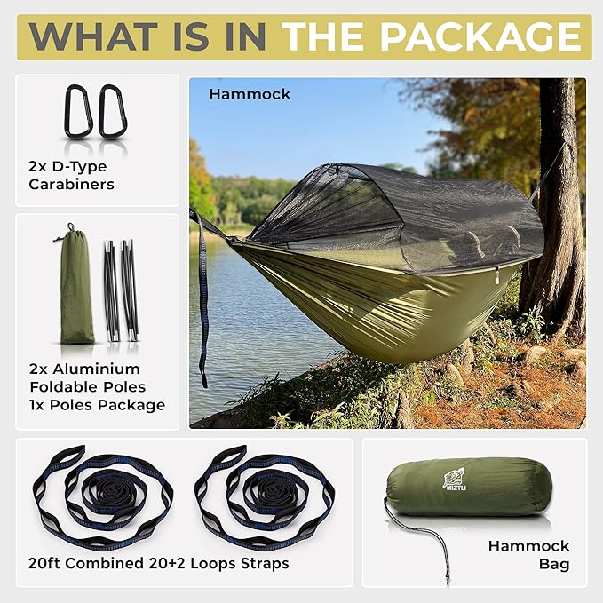 Miztli Camping Hammock -Portable Hammock w/Spacious Net &amp Tree Straps w/Adjustable Loops Double and Single Hammock for Outdoor Indoor Hiking and Travel
