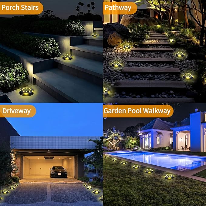 Solar Ground Lights 8 Pack 12 LED Solar Disk Lights Outdoor Waterproof In-Ground Landscape Lighting for Garden Pathway Yard Lawn Patio Deck Driveway Walkway Outside Decor (Warm White)
