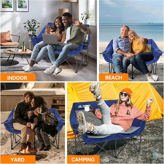 Double Camping Chairs Oversized Loveseat - 2 Person Camping Chair Portable Lawn Folding Chair for Outside Adults - Heavy Duty Outdoor Camping Couch with Cup Hold Blue