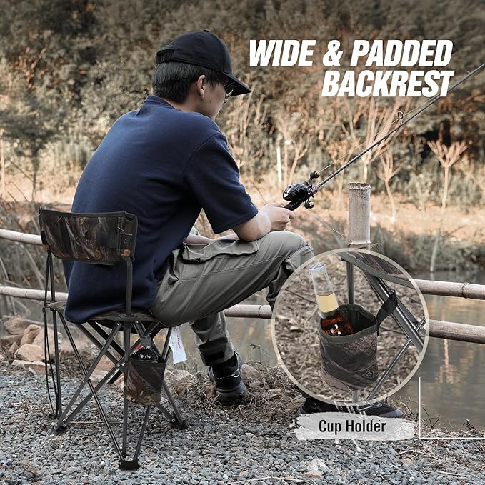 REDCAMP 2 Pack Tall Tripod Chairs for Adults Folding Lightweight Portable Golf Chairs for Spectators Compact 3 Legged Tripod Stools Seat with Backrest for Camping Fishing Hunting Camo