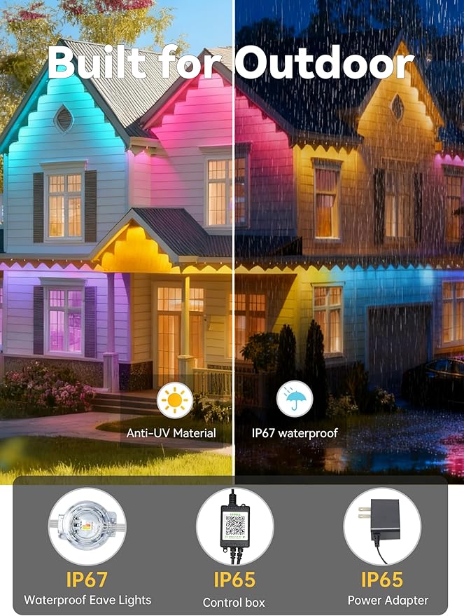 Permanent Outdoor Lights250FT RGB Christmas House Lights Outdoor with APP Remote Control IP67 Waterproof Smart Eternity Eaves Lighting for Holiday Party Daily
