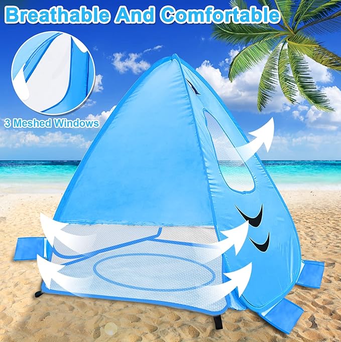 [ Extra High ] Shark Baby Beach Tent with Pool Pop Up Kiddie Pool Tents Baby Beach Essentials UPF 50+ UV Protection 4 Sand Pockets 3 Mesh Windows Sun Beach Shade Tent for Toddler Aged 3-60 Months