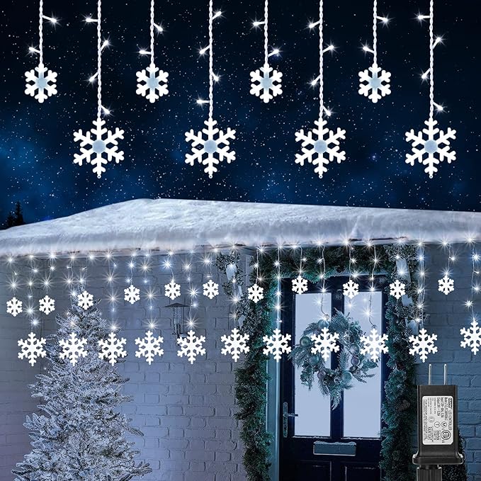 Christmas Snowflake Lights 10.66ft 168 LED Icicle Lights Outdoor with 14 Drops 8 Modes Waterproof Connectable Christmas Light for Eaves Wedding Garden Yard Indoor Outdoor Xmas Decorations (White)