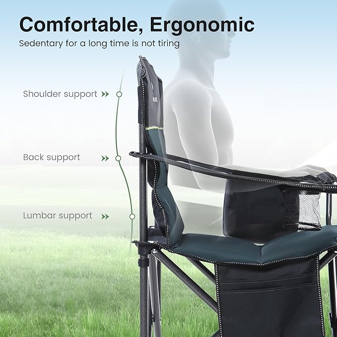 HIGH POINT SPORTS Oversized Camping Folding Chair Heavy Duty Portable Outdoor Chair Foldable Camp Chair with Cup Holder and Cooler Bag Support 450 LBS 2 Pack Green