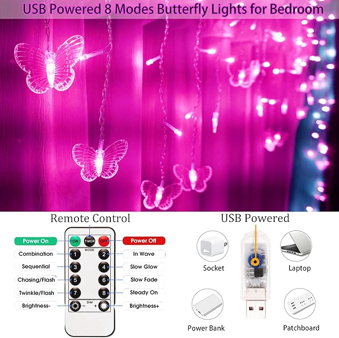 Butterfly Curtain Fairy Lights USB Plug in120 LED 8 Modes 20FT Firefly Twinkle Icicle String Lights with Remote Timer Waterproof Copper Wire for Bedroom Patio Christmas Wedding Party Dorm(Pink)