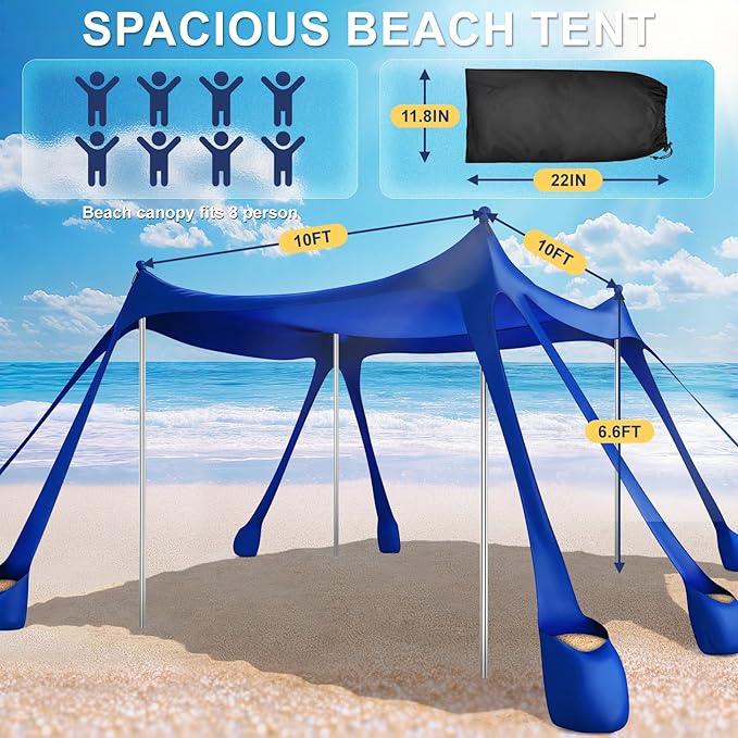Beach Tent Sun Shelter UPF 50+10x10 FT Beach Canopy Tent Sun ShadePop Up Beach Canopy with 8 SandbagsOutdoor Beach Shade for Camping Trips Fishing Backyard Fun Picnics (Navy Blue)