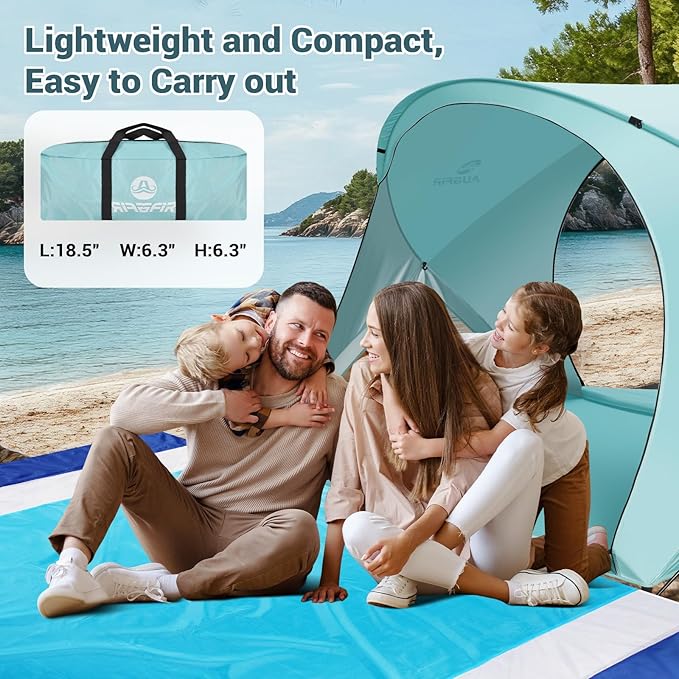 Beach Tent Sun Shelter Beach Tent with Beach Mat Set 4 Person Portable Beach Shade Canopy with UPF 50＋ UV Protection Dual-Door Ventilation Design Easy Setup Family Beach Umbrella (Green)