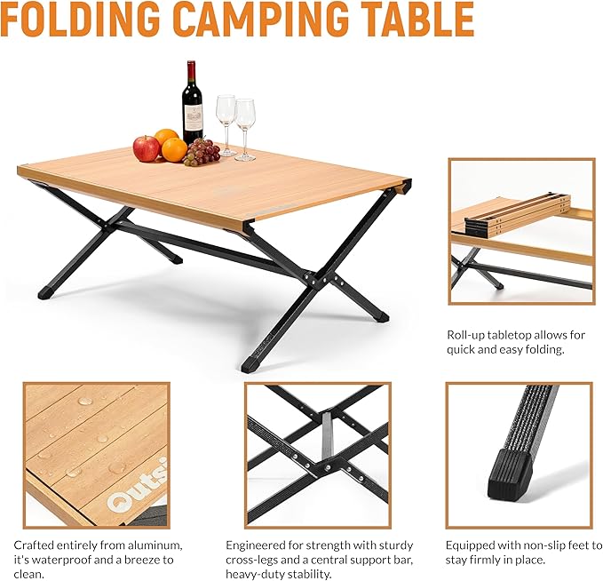 OUTSIDER Egg Roll-Up Camping TableAluminum Rolled-Up Tabletop Scratch-Resistant Non-Slip Base X-Shaped LegsLightweight Multi-Purpose for Indoor &amp Outdoor Use