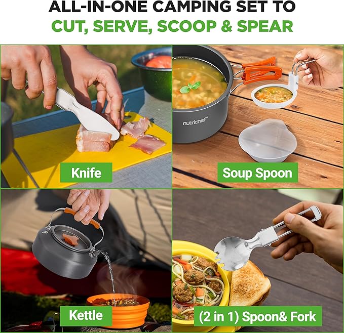 NutriChef Camping Cookware Set - Lightweight Nonstick Pots Pans Utensils Bowls Cutlery and Cleaning Tools with Mesh Bag Foldable Handles Compact Outdoor Cooking Gear for Hiking &amp Travel (Gr