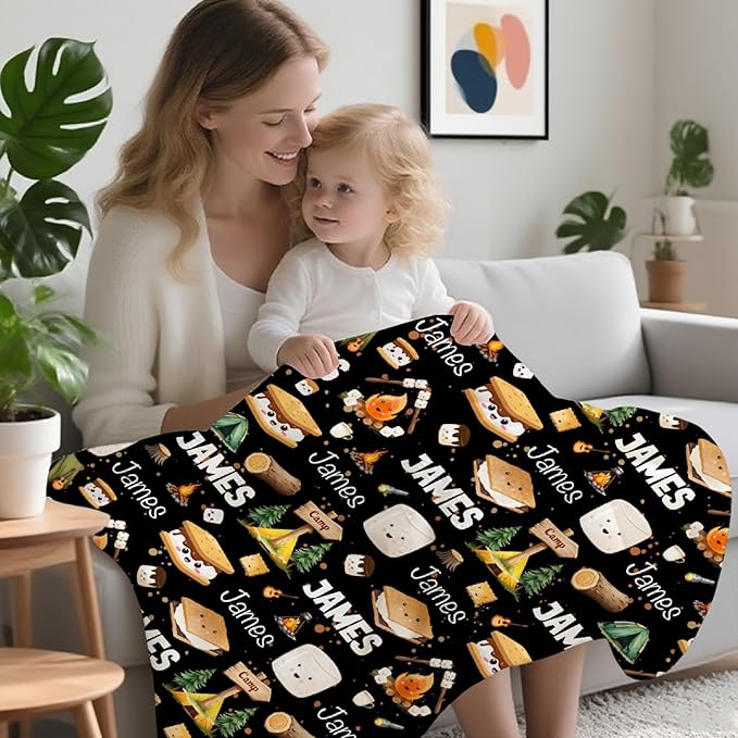 Custom Marshmallow Blanket with Name | Personalized Camping Blanket for Girls Boys | Ultra Soft Customized S'Mores Throw for Couch/Sofa/Travel/Camping Home Decor - 40x50-Kids/Throw Size