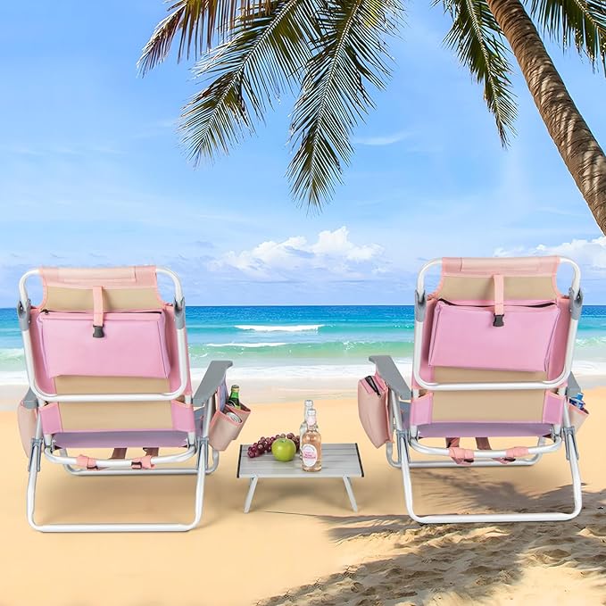 GYMAX Beach Chairs Backpack Camping Chair with Armrest Cooler Bag Cup Holder Towel Bar &amp Side Pockets Sunbath Sling Tanning Lounge Folding Layout Chair (with Table Pink)