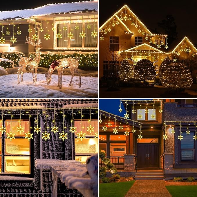 Toodour Christmas Snowflake Lights Outdoor 17.22ft 264 LED Snowflake Icicle Lights with 22 Drops Connectable 8 Modes Waterproof Warm White Christmas Light for Curtain Eaves Window Xmas Decor