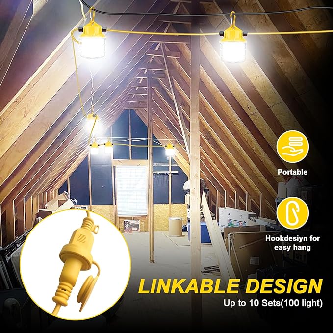100ft LED Construction String LightsSuper Bright 150W 15000LM Waterproof IP65 Led String Work Lights Construction Temporary Lights (100ft-10lights)