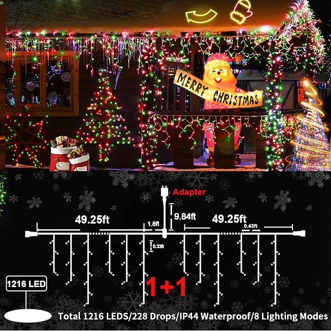 KNONEW 99ft 1216 LED Christmas Lights Outdoor Decorations with 228 Drops 8 Modes Curtain Fairy Light Clear Wire LED String Light Decor for Wedding Party Christmas (Red and Green)