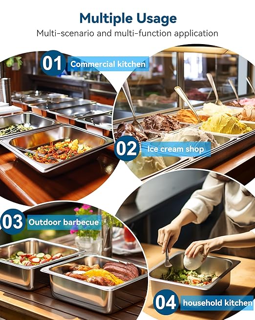 4 Pack Hotel Pans with Lids 1/2 Size 4 Deep Steam Table Pans Stainless Steel Food Pans 22 Gauge Anti Jam 12.8 L x 10.4 W Commercial Food Storage Containers