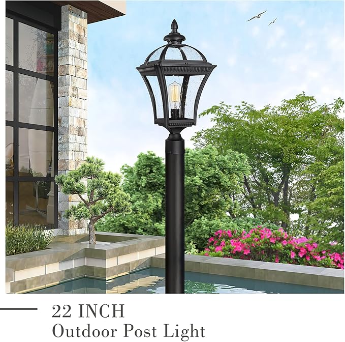 Emliviar 22 Inch Outdoor Post Light Farmhouse Vintage Outside Pole Light for Yard Aluminum with Seeded Glass Black Finish XE266P BK