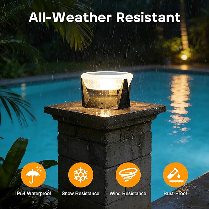 Solar Post Lights with Remote Control Modern Pillar Light Dusk to Dawn IP54 Waterproof Solar Post Cap Lights with 3200K LED Outdoor Light Fixture for Garden Deck Patio Outside Lighting (Geometric)