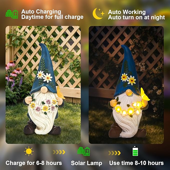 DKJOCKY Gnome Garden Decor Statue with Solar Light Lantern Funny Waterproof Resin Figurine Outdoor Decorations for Yard Patio Lawn Balcony Porch Birthday Gifts for Women Mom Grandma