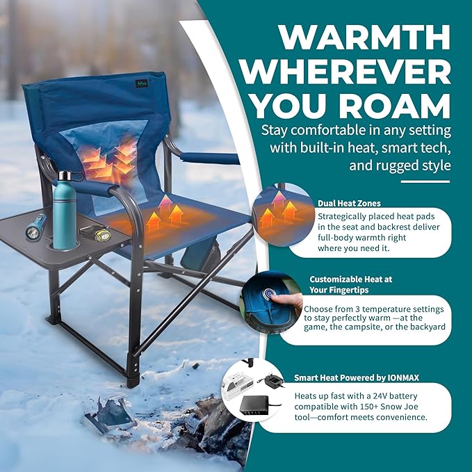 Bliss Hammocks 24 Volt Heated Directors Seat with 3 Heat Settings Folding Portable 21 Inch Wide Steel Frame Camping Chair - Battery Included Blue