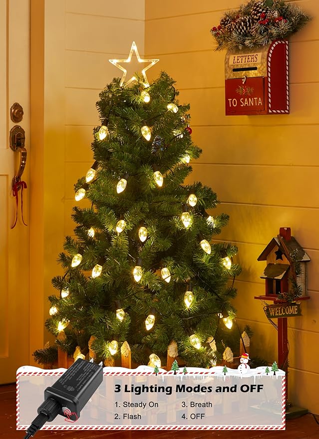 C9 LED Christmas Lights Outdoor 25 Ft C9 String Lights with 20 Shatterproof LED Bulbs 3 Light Mode Connectable Waterproof Christmas Tree Lights for Outside Indoor Holiday Garden Decor Warm White