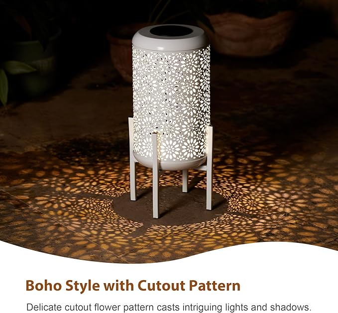 Glitzhome Solar Lantern White Metal Cutout Flower Pattern Outdoor Hanging Solar Light with Stand for Garden Patio Yard Outdoor Decor