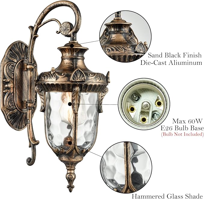SAMTEEN Bronze Outdoor Light Fixtures Wall Mount 15.8 H Waterproof Exterior Wall Sconce with Hammered Glass Shade Outside Porch Light for House Garage Front Door