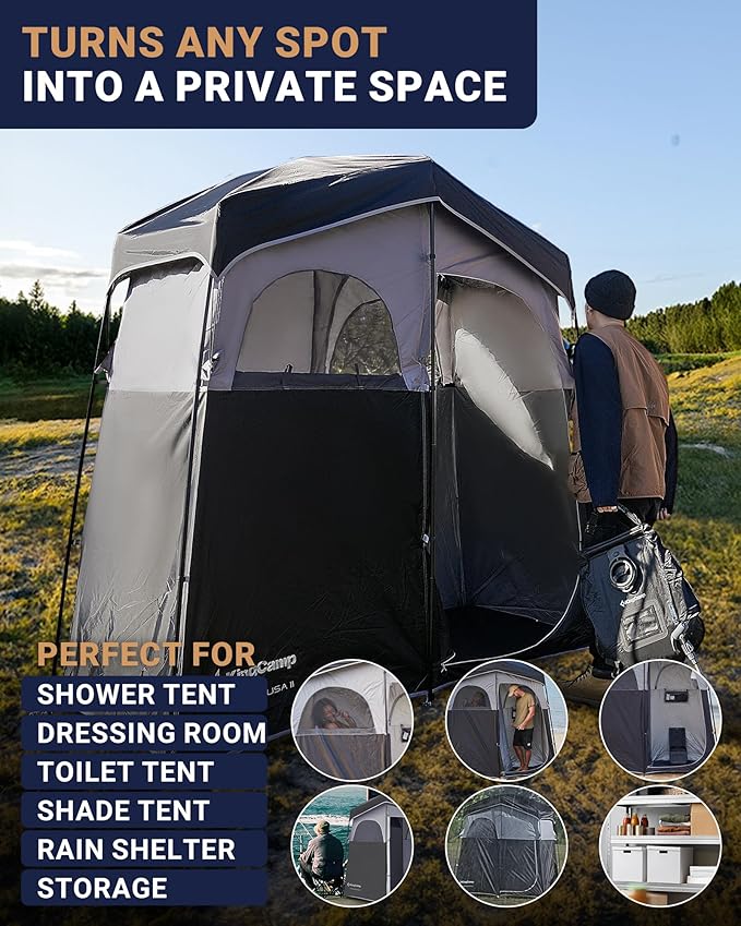 KingCamp Camping Shower Tent Portable Outdoor Privacy Toilet &amp Changing Tent Windproof &amp Waterproof Easy Setup 1 or 2 Room Shelter with Shower Bag for Camping Hiking Beach